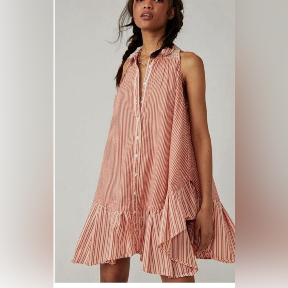 Free People Striped Mini Dress in orange coral 
 and cream